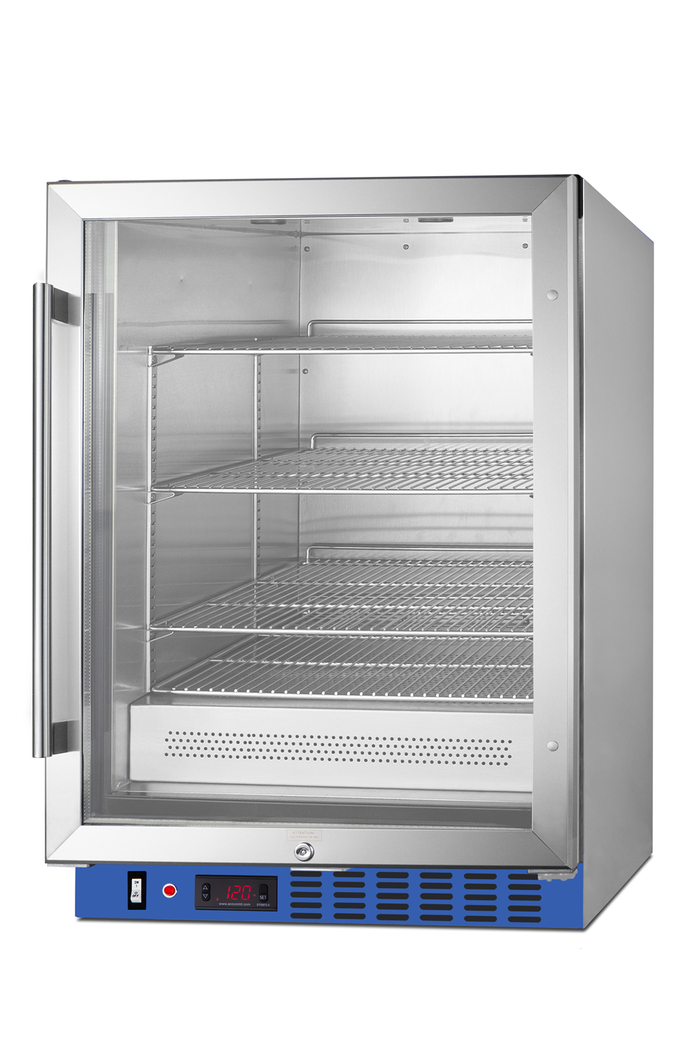 Undercounter single chamber passive heating blanket warmer with glass door, stainless steel interior and exterior, digital thermostat, and lock